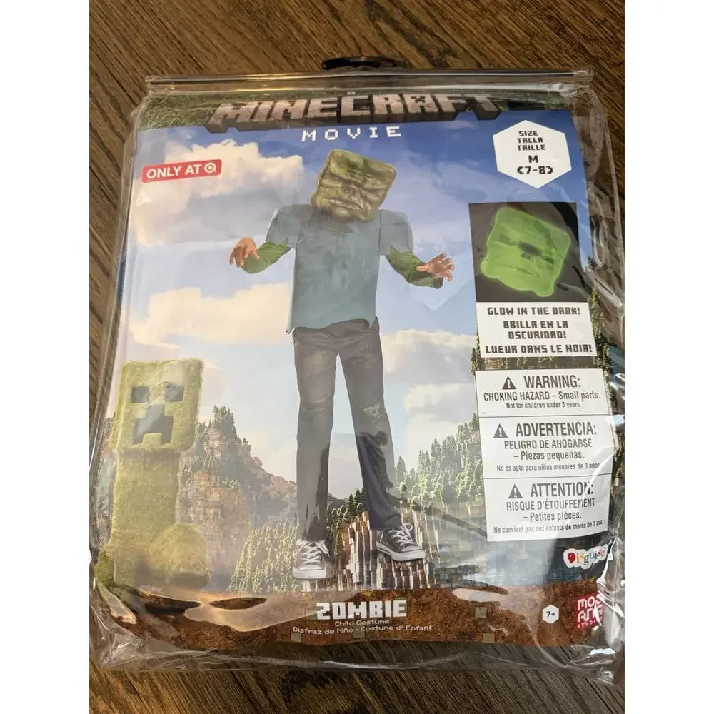 Minecraft Movie Zombie Costume Kids Sz M 7-8 Glow In The Dark Mask Costume NWT